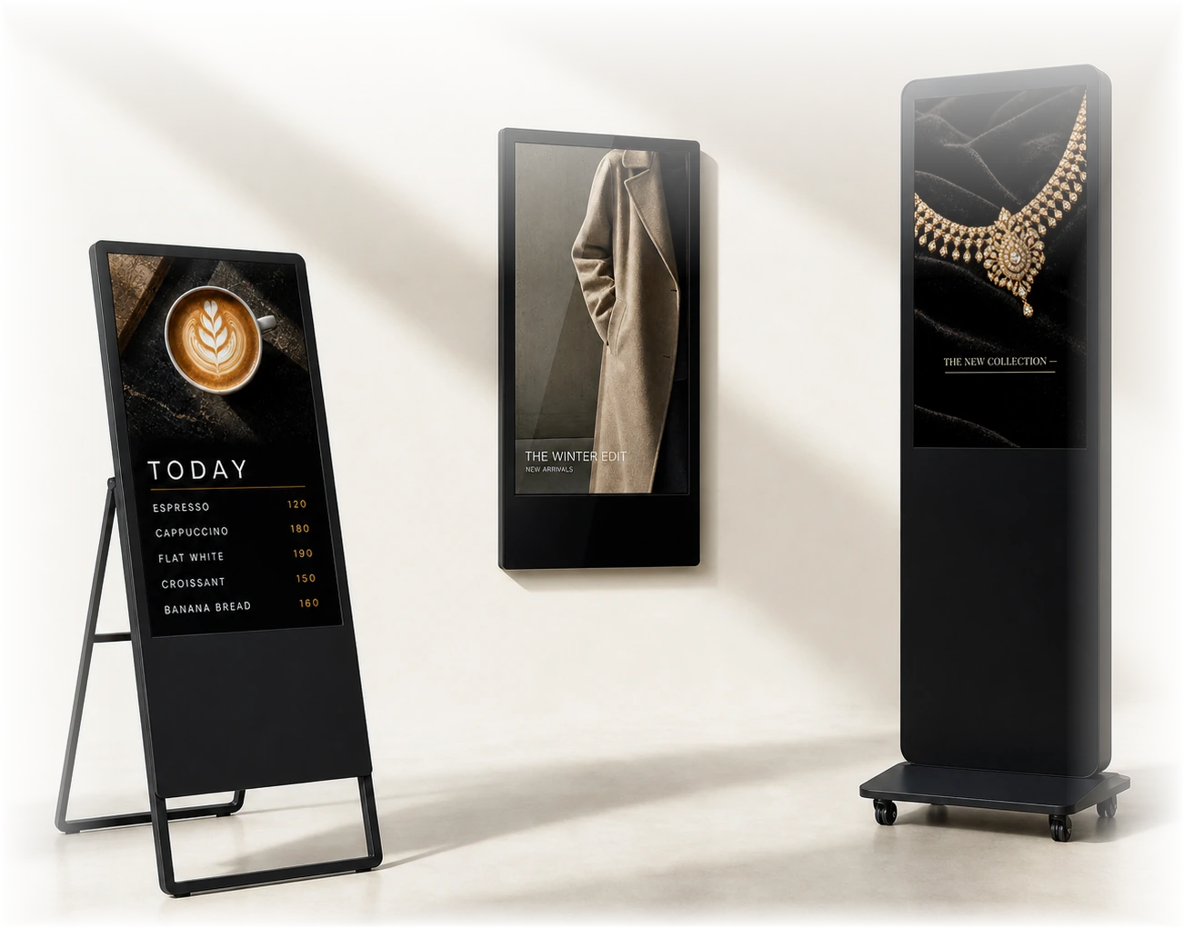 The three Elements series together: the A Series easel stand, the Wall Mounted panel and the SLIM Series wheeled kiosk